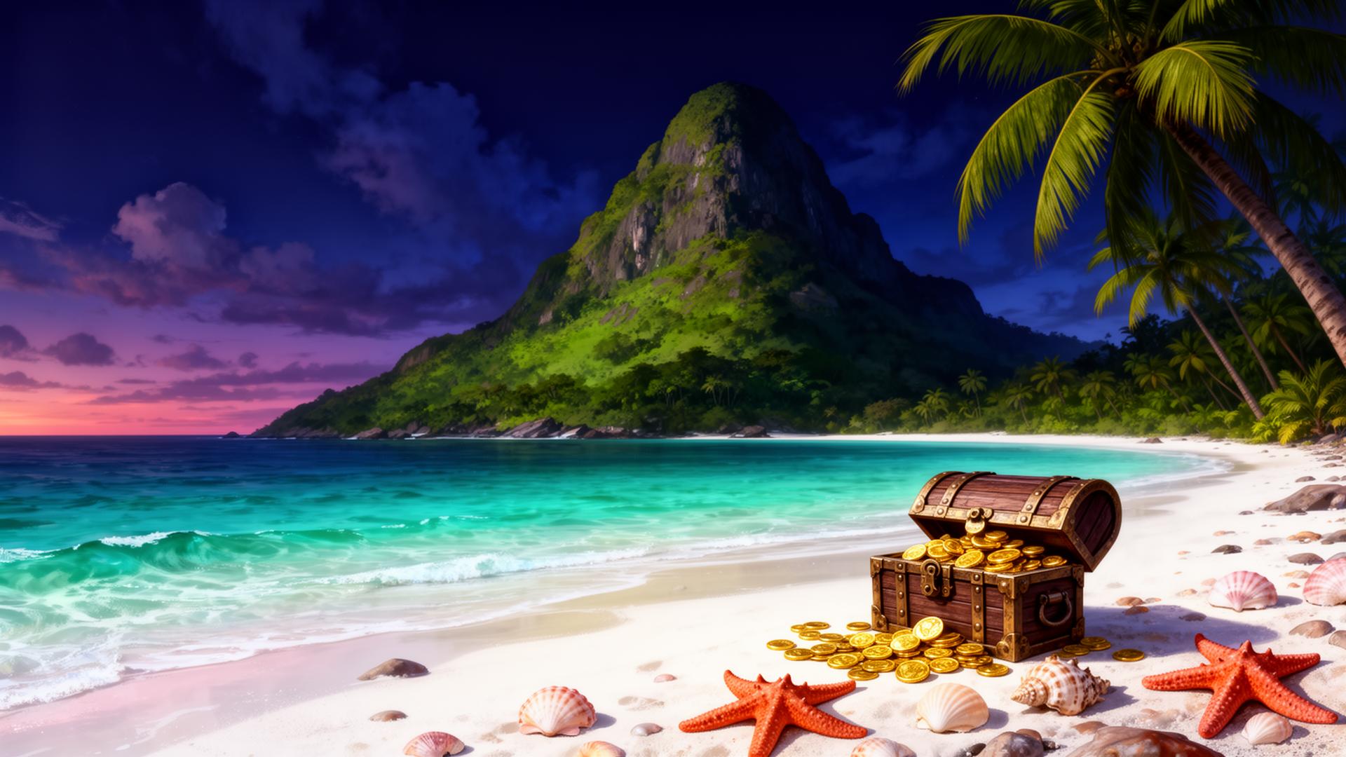 Winner Island casino eiland met tropisch decor en gouden schatkist